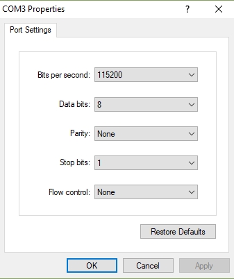 Same serial COM port settings as last project
