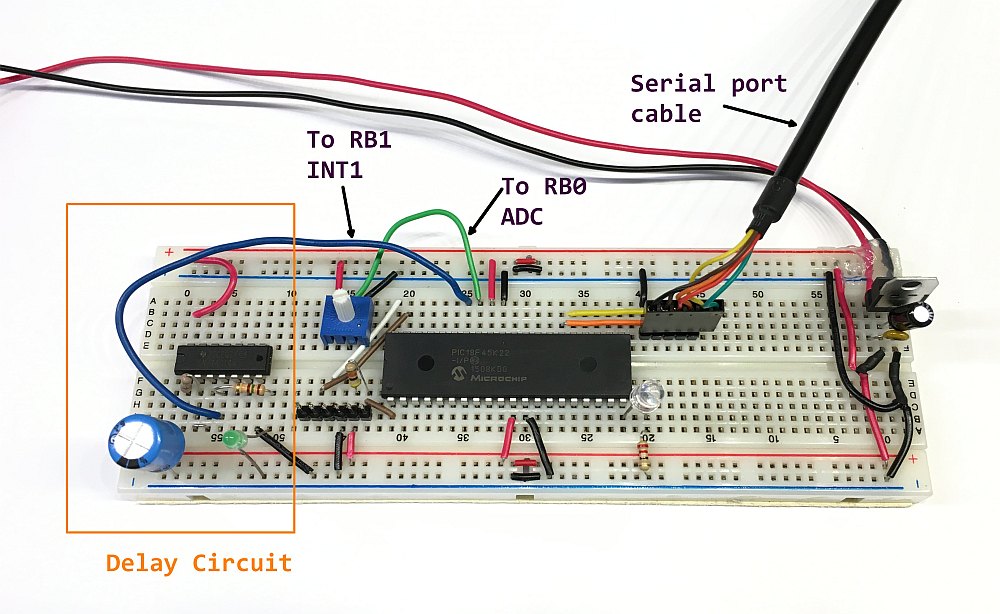 The delay circuit output goes to INT1, the external interrupt input